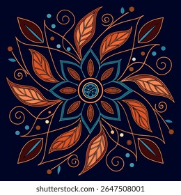 Vetor mandala floral vibrante com folhas intrincadas e redemoinhos em azul-petróleo, laranja e marrom. Ideal para desenhos decorativos, estampas têxteis e arte espiritual.