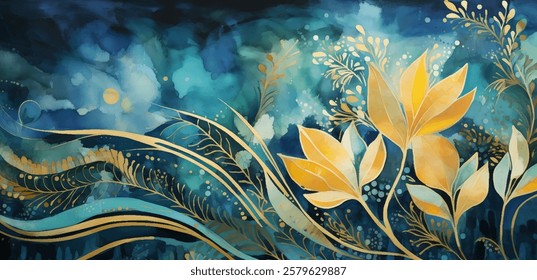 Vibrant floral painting of enchanting scenery, watercolor artistry of colorful blooms. Stylized petals and foliage on rich textured vector background. Blend of abstract and floral elements