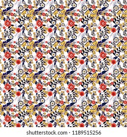 Vibrant floral pattern blossom flowers white, black and yellow colour floral seamless background. Amazing vector collage for floral design.