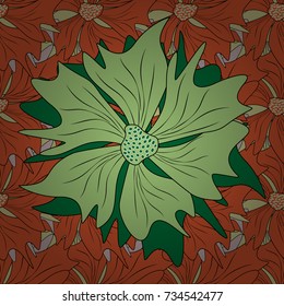 Vibrant floral pattern blossom flowers green, orange and neutral colour floral seamless background. Amazing vector collage for floral design.