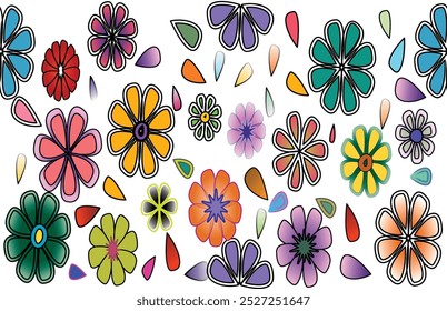 A vibrant floral pattern with bold, hand-drawn outlines in pinks, yellows, greens, and purples on a blue background—perfect for adding joy to any design.