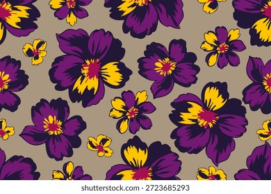Lebhaftes Blumenmuster mit kräftigen violetten und gelben Blumen, die auf einem warmen beigen Hintergrund verstreut sind und ein lebendiges, nahtloses Design schaffen, das von Retro und moderner Kunst inspiriert ist.
