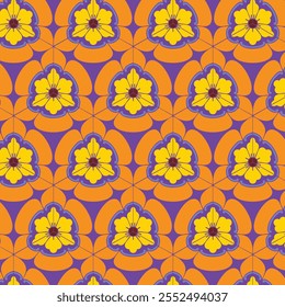 Vibrant floral pattern with bold yellow flowers, purple accents, and orange background. Perfect for textiles, wallpapers, and decorative designs. Retro, modern, and eye-catching style!