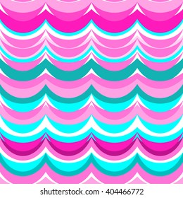 Vibrant floral pattern with cherry blossom branch on wavy geometric background. Watercolor painting illustration. Colorful wave background hand drown.
