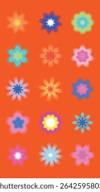 Vibrant floral pattern with colorful flowers on an orange background. Bright flowers, floral design, and vivid colors create a lively, cheerful pattern. Cute glowing element set vector.