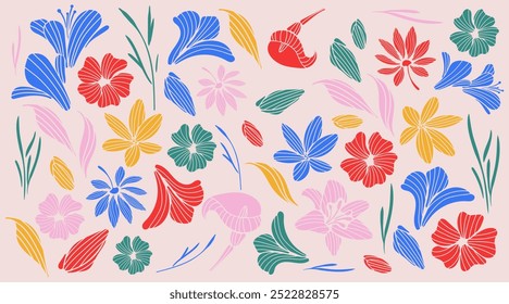 Vibrant Floral Pattern with Colorful Stylized Flowers and Leaves on Light Pink Background - Modern Abstract Design with Dynamic Composition of Blue, Red, Yellow, Pink, and Green Petals.