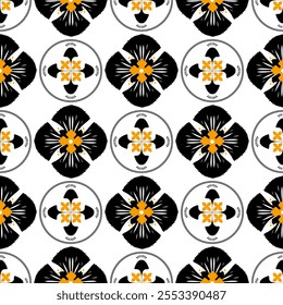 A vibrant floral pattern featuring black and yellow flowers arranged in a repetitive design on a white background.