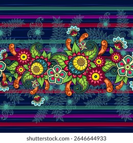 A vibrant floral pattern featuring colorful flowers, leaves, and intricate designs on a striped background.