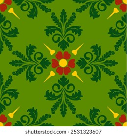 A vibrant floral pattern featuring green leaves and bright red flowers, accented by yellow details on a green background.