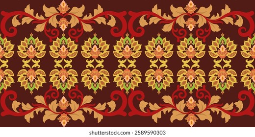 A vibrant floral pattern featuring intricate designs in red, yellow, and green against a dark brown background.