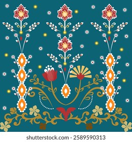 A vibrant floral pattern featuring intricate designs in red, yellow, and white against a teal background, evoking a sense of elegance and craftsmanship.