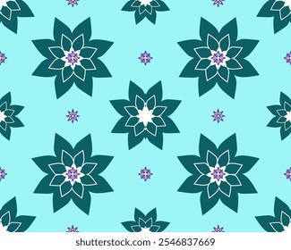 vibrant floral pattern featuring large teal flowers and small purple accents on light blue background, creating cheerful and lively design.