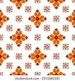 Um padrão floral vibrante com desenhos laranja e vermelho em um fundo branco, ideal para têxteis ou papel de parede.