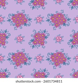 A vibrant floral pattern featuring pink flowers and blue leaves on a soft purple background, ideal for textile design.