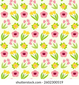 Vibrant floral pattern featuring pink, yellow, and green flowers on a light background.