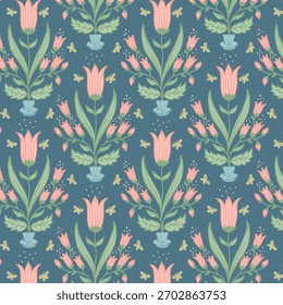 A vibrant floral pattern featuring pink tulips, lush green leaves, and small butterflies on a blue background. Perfect for spring designs, kids’ products, textiles, wallpapers, gift wrap