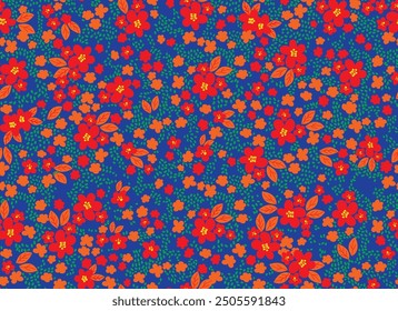 Vibrant floral pattern featuring red and orange flowers with green leaves on a deep blue background. Ideal for fabric designs, home decor, and stationery.