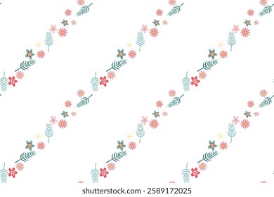 A vibrant floral pattern featuring various flowers and green leaves arranged diagonally across a white background, perfect for fabric designs and home accents.