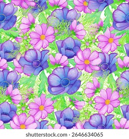 A vibrant floral pattern featuring various purple and pink flowers intertwined with green foliage, ideal for textile design or backgrounds.