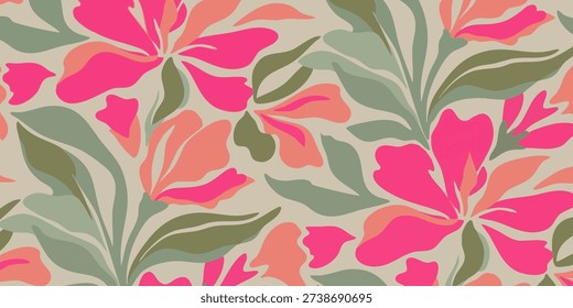 A vibrant floral pattern featuring various flowers in shades of red and orange, showcasing a beautiful illustration of nature's beauty from a top-down viewpoint.