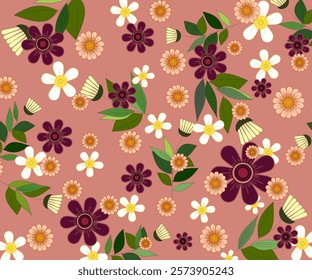 A vibrant floral pattern featuring white, peach, and deep purple flowers interspersed with lush green leaves on a warm pink background, creating a lively and elegant design.