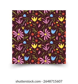 Vibrant Floral Pattern with Flowers, Berries, and Leaves