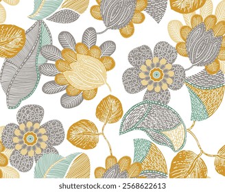 Vibrant Floral Pattern with Gray, Mustard, and Teal Accents