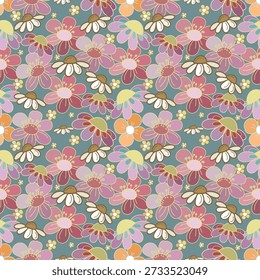 A vibrant floral pattern inspired by the iconic 1970s aesthetic. This design features stylized daisies in a warm, nostalgic palette of dusty pink, mustard yellow, and earthy orange, set against a deep teal background. The rhythmic repetition and bold outlines capture the free spirited energy and soulful charm of the retro era.