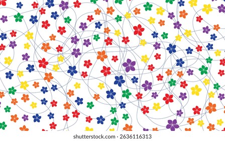 Vibrant Floral Pattern with Intertwined Lines, Colorful Blossoms on White Background, Ideal for Fabric Design, Gift Wraps, and Springtime Decorations