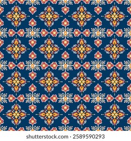 A vibrant floral pattern with intricate designs on a deep blue background, showcasing a mix of colors and symmetrical motifs.