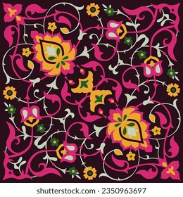A vibrant floral pattern on a contrasting black backdrop