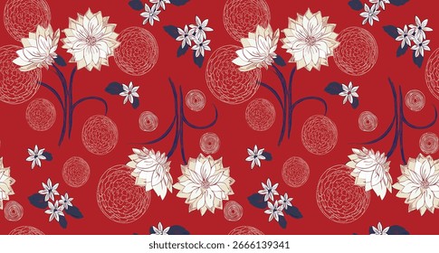 Vibrante Patrón Floral Sobre Crisantemos Rojos, Blancos, Delicadas Flores Azules Y Abstractas Círculos Rojos, Ideal Para Textiles O Fondos Digitales.