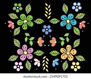 Vibrant Floral Pattern with Pastel Colors and Leafy Accents on Black Background