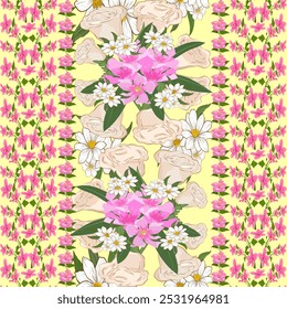 Vibrant Floral Pattern with Pink, White, and Cream Flowers on Light Yellow Background, Nature-Inspired Design for Spring Decor, Fashion Textiles, and Digital Products with Fresh Blooming Motifs