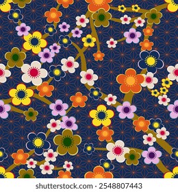 Patrón floral vibrante con flores de ciruelo, diseño de flores de inspiración japonesa con flores de ciruelo, patrón de flores de ciruelo colorido sobre fondo azul, diseño floral brillante y alegre para textiles, Vector
