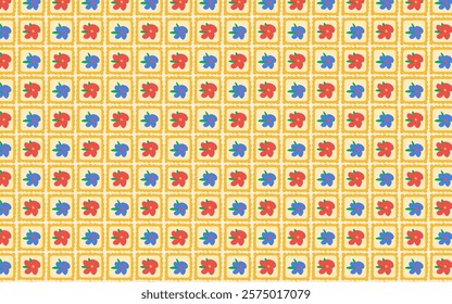 Vibrant floral pattern with red and blue flowers in yellow frames. Perfect for summer designs, textile print, and digital art