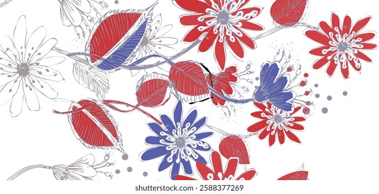 Vibrant Floral Pattern with Red, Blue, and Grey Accents