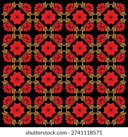 A vibrant floral pattern with red flowers and gold leaves on a black background
