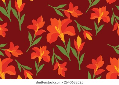 Vibrant floral pattern with red, orange, and yellow flowers and green leaves on a deep maroon background. Perfect for fabric, wallpapers, packaging, and tropical designs.