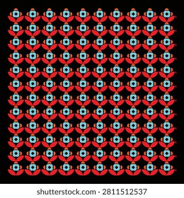 Vibrant floral pattern with red petals and blue centers on black background