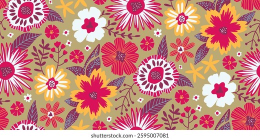 A vibrant floral pattern in a Scandinavian folk-art style with red, yellow, and white flowers on an earthy background. Ideal for fabric prints, wallpapers, gift wrap, stationery, packaging, branding.