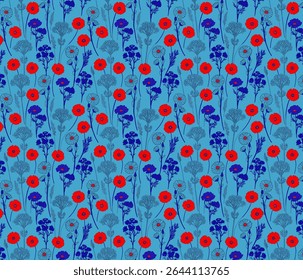 A vibrant floral pattern showcases poppies and wildflowers on a turquoise blue background. This seamless vector design is perfect for wallpaper, textile prints, fabric.
