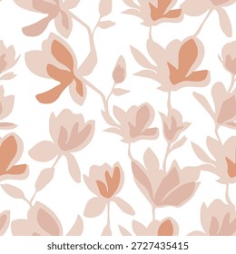 Vibrant Floral Pattern with Soft Peach and Beige Flowers on Stems with Leaves in Pastel Colors