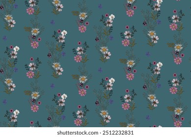 A vibrant floral pattern with various flowers on a blue background, featuring daisies, petals, and leaves, ideal for fabric or wallpaper design