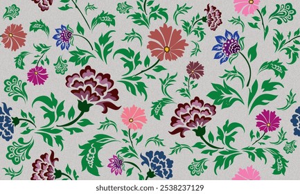 A vibrant floral pattern with a vintage or retro aesthetic. The colors are bold and contrasting, creating a visually engaging design. The overall feel is cheerful and nostalgic.