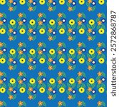 Vibrant Floral Pattern with Yellow, Orange, and Blue Flowers on Blue Background