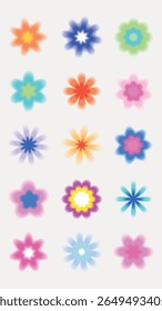 Vibrant floral patterns in diverse colors. Bright flowers, colorful petals, and vivid blooms. A lively array of floral designs, showcasing vibrant, colorful patterns. Cute glowing element set vector.