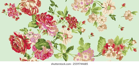 A vibrant floral print design on a soft mint background.