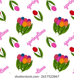 Vibrant floral seamless pattern featuring 3D spring flowers - colourful tulip bouquets and - springtime - text on a white background. Perfect for spring designs, wallpaper, wrapping paper and gift box
