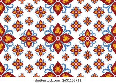 Vibrant floral seamless pattern with red, yellow, and blue symmetrical motifs, perfect for fabric prints, wallpapers, vintage decor, and elegant textile designs.